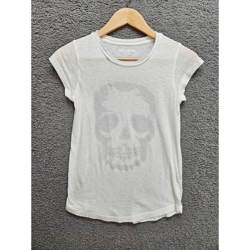 Zadig & Voltaire Tee S White Skull Studded Grunge Punk Goth Rocker FLAW